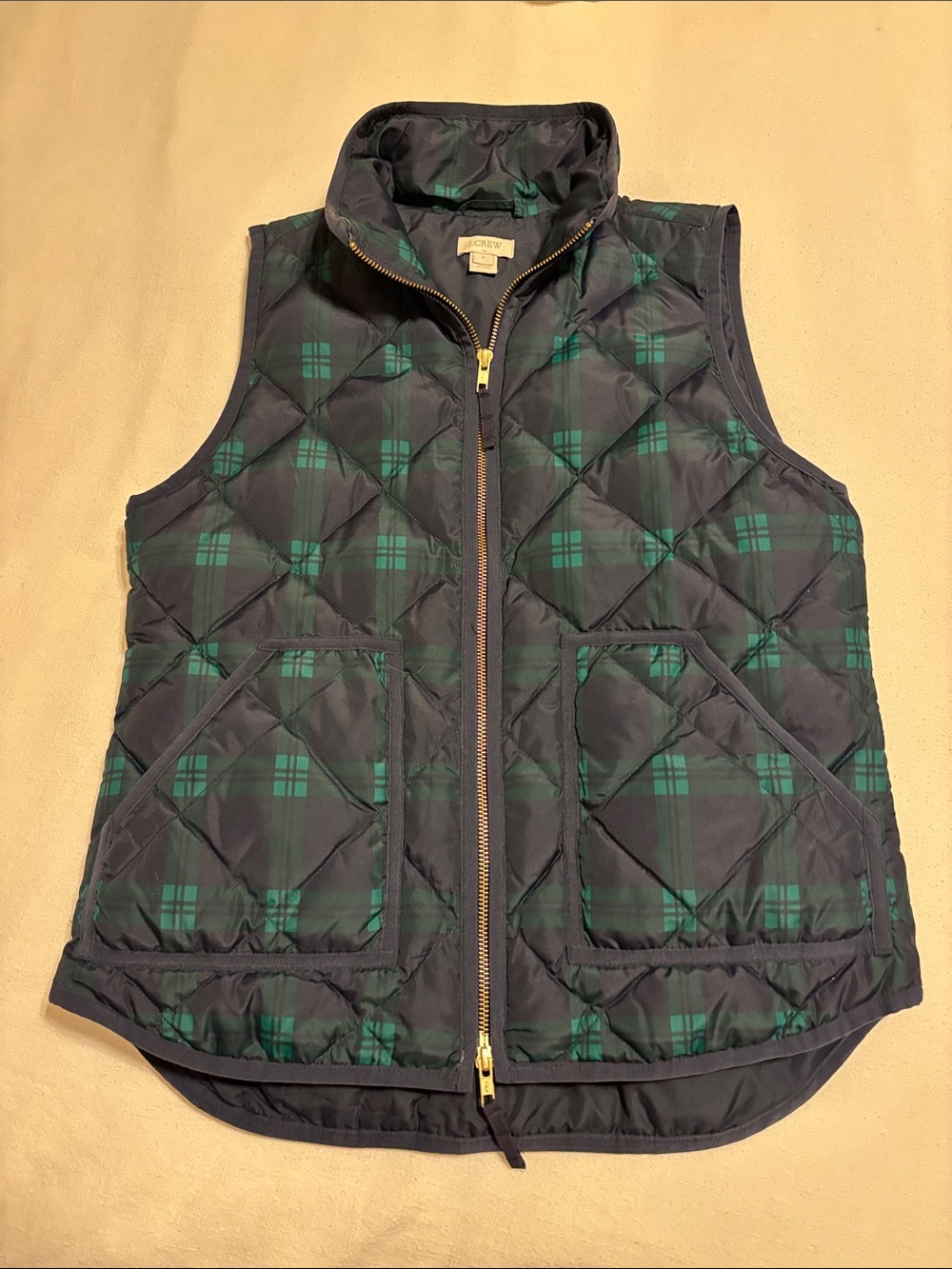 J. Crew Quilted Navy Vest with Green Plaid